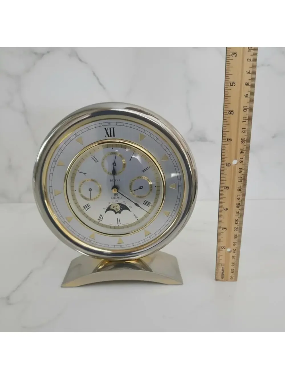 Vintage Bulova Millennia Table Clock German Brass Moon Phase Multi-Funct WORKS!